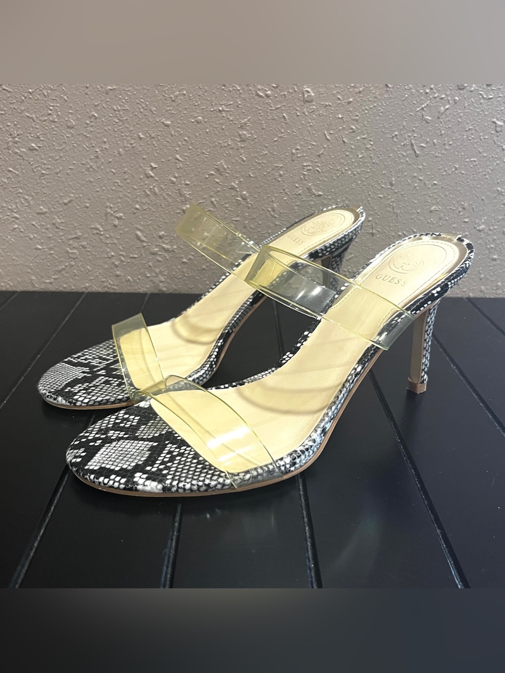 GUESS Snakeskin Print Vinyl Strap Stiletto Sandals Gold “G” Logo - 7M